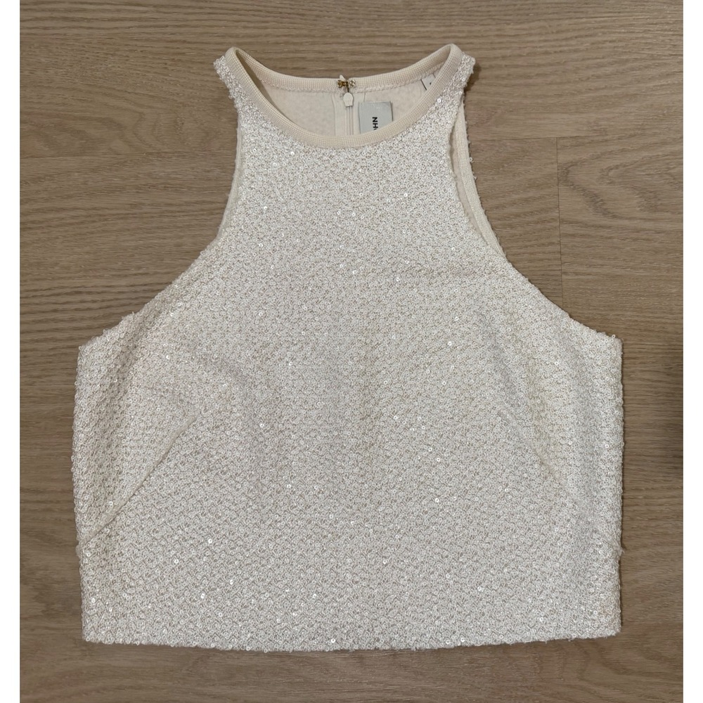 St John Sequin Halter Crop Top Womens XS Cream Sleeveless Evening FA22 Designer